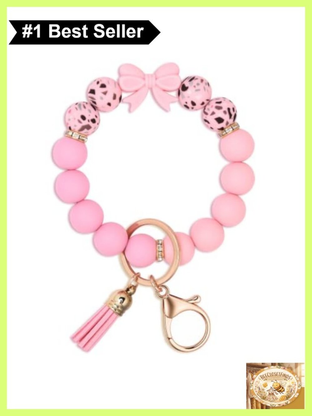 Silicone Beaded Keychain Wristlet Bracelet Gold Plated Keyring PU Leather Tassel
